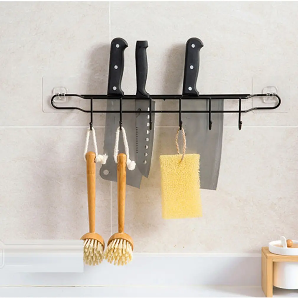 Home Free Punch Wrought Iron Knife Holder No Trace Paste Kitchen Rack Multi-function Wall Hanging Knife Spoon Spatula Rack