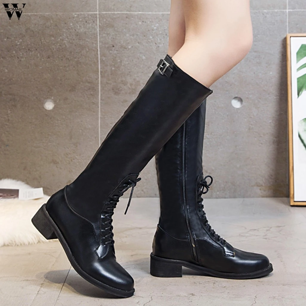 Botas mujer; модные ботинки на молнии на квадратном каблуке со шнуровкой в стиле ретро; повседневные сапоги-трубы средней высоты; большие размеры; botas mujer invierno;