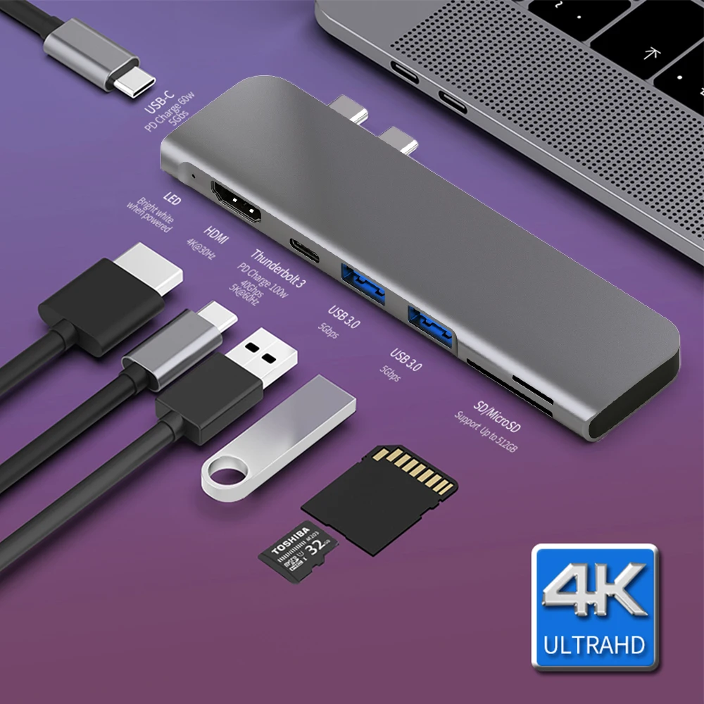 Dual Type C Hub Adapter 4K HDMI USB 3.0 Card Reader Dongle For MacBook Pro Mac 