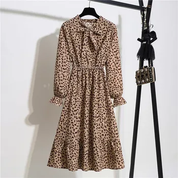 

Korean Floral Print Dress Vintage Women A Line Leopard Dress Robe Femme Bow Collar Chiffon Midi Party Dress Casual Vestidos