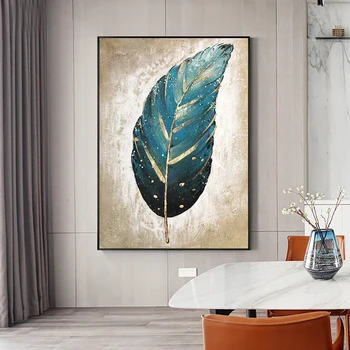 

3D Blue Feather With Gold Foil Painting Abstract 100% Hand Painted Oil Painting Unframed Canvas Wall Art For Living Room Decor