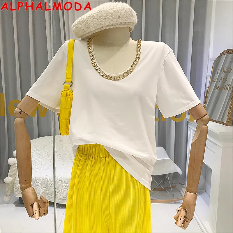 ALPHALMODA 2020 летние милые женские модные футболки без воротника с короткими рукавами