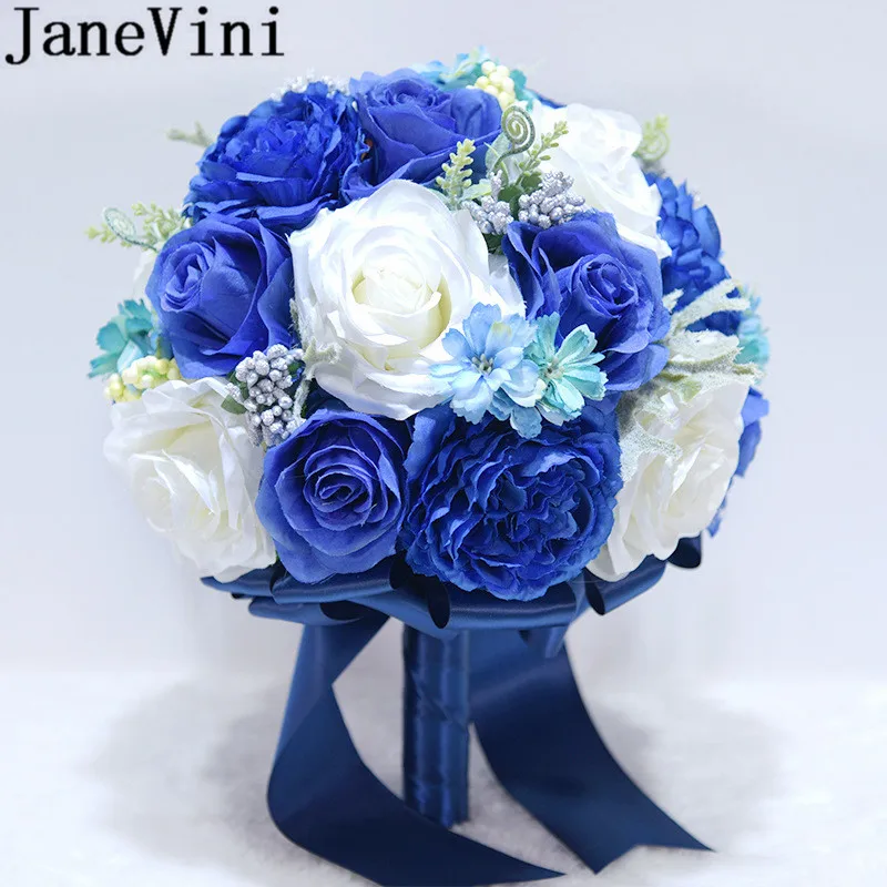 JaneVini Royal Blue Peony Wedding Bouquet Bride Rose Flowers Bridal Bouquet Artificial Silk Bridesmaid Bouquets Boutonniere