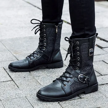 

Men Black Retro Combat Boots Belt Buckle Punk Street Motorcycle Boots Leather Military Boots Autumn Men Shoes