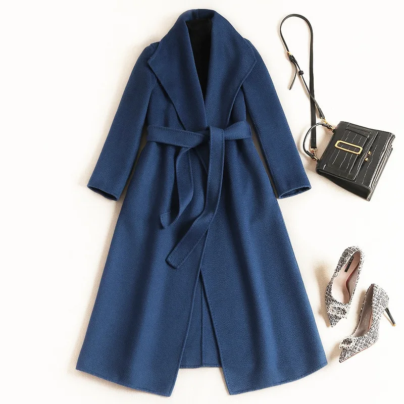 Casaco Feminino пальто и куртки для женщин с регулируемой талией и отложным воротником с поясом, однотонные длинные Abrigos Mujer Elegante - Цвет: Синий
