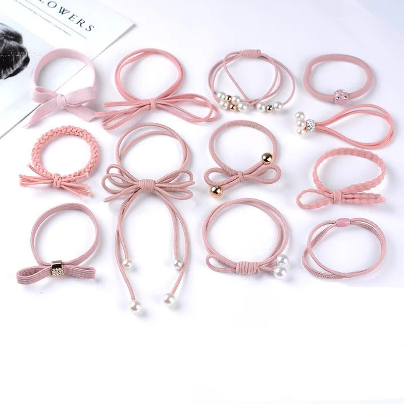 Pink 12 шт./бутылка в Корейском стиле Женская лента Бант Веревки для волос эластичная повязка на волосы для девушек резинка милые Волосы Галстуки бант - Цвет: Pink