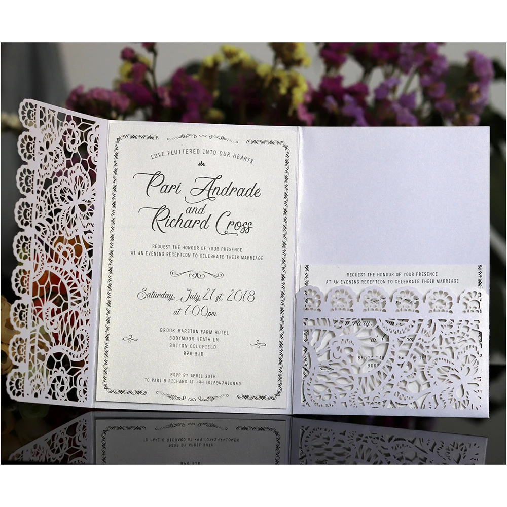  10 pieces Romantic Wedding Invitation Card Delicate Carved Small floral Pattern laser cut lace wedd - 4000400458962