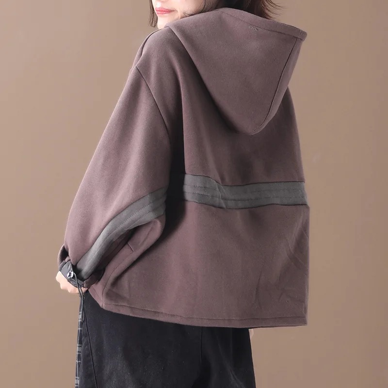 Coffee color Осенне-зимние женские толстовки большого размера, свободные пуловеры с капюшоном, топы, новые женские повседневные толстовки с карманами, универсальные толстовки - Цвет: Coffee color