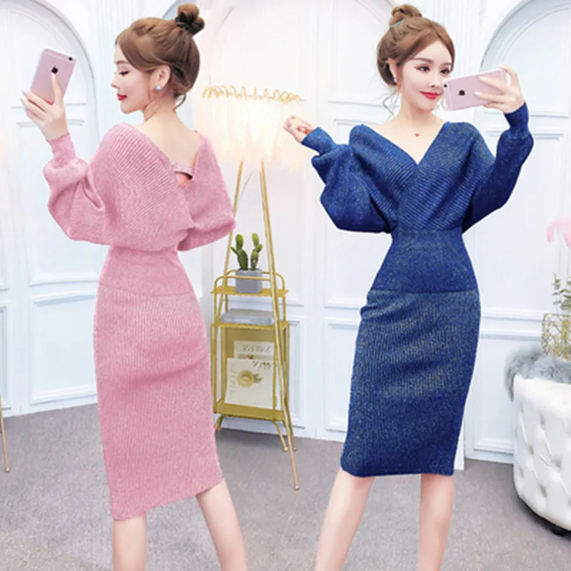 

Party Sexy Shinny Knitted Bodycon Skirt Suits Women Autumn Winter New Batwing Sleeve Solid Sweater and Pencil Skirt 2 Piece Set