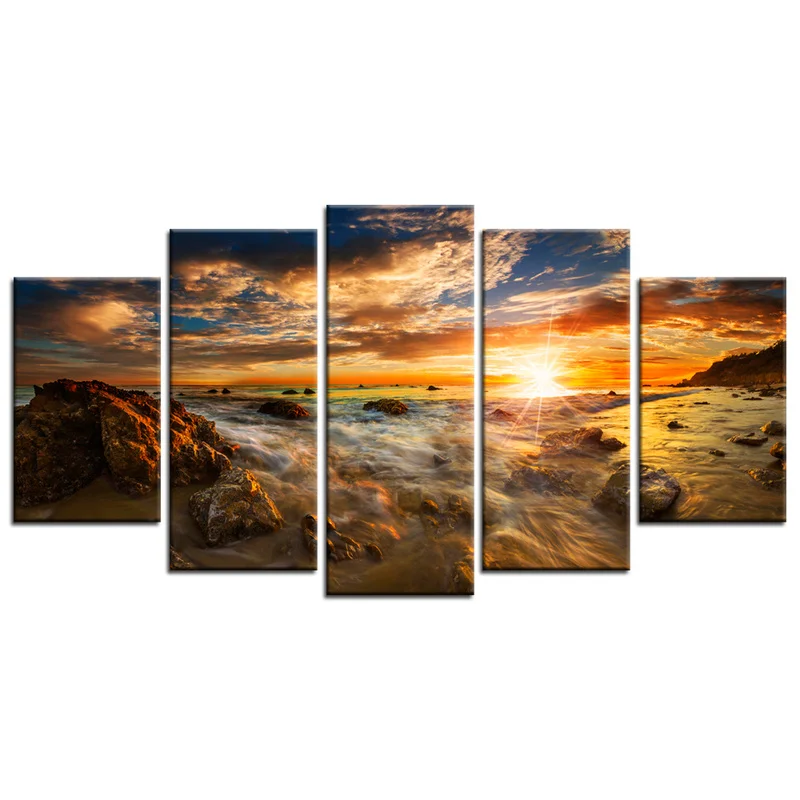 

5 Pieces Canvas Wall Art Painting The Waves Hit The Rocks on The Coast Print Home Decor Poster Living Room Decoration Pictures