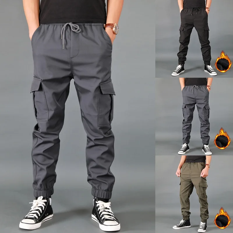 New Winter Men Pants Thick Fleece Joggers Multi Pocket Loose Sport Trousers Male Casual Warm Sweatpants Cargo Pants Spring Fall
