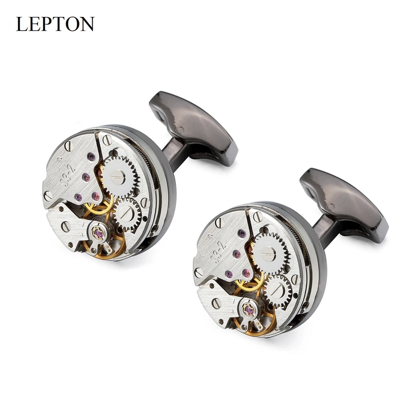 Lepton-시계 무브먼트 디자인 커프스 단추, 선물 상자 포함 Steampunk 기어 시계 메커니즘 커프스 링크 남성용 웨딩 Relojes gemelos