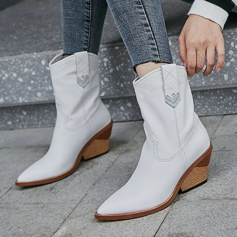 

White Black Ankle Boots Women Leather Wedges Western Boots Pointed Toe Autumn Winter Fashion Boots 2019 New
