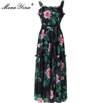 

MoaaYina Fashion Designer Lace up dress Summer Women's Dress Vintage Rose Floral-Print Vacation Spaghetti strap Dresses