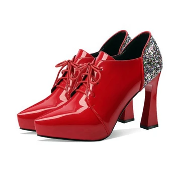 

zapatos de mujer de moda 2020 Women pumps Patent leather high heels lace up lady high quality platform party wedding shoes H-3