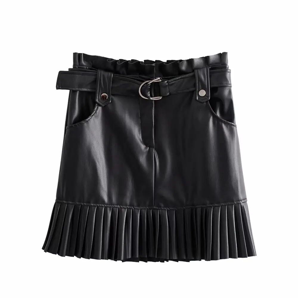 Стильная шикарная мини-юбка из искусственной кожи с поясом Za Модные женские плиссированные юбки с высокой талией повседневные уличные вечерние юбки Faldas - Цвет: Черный