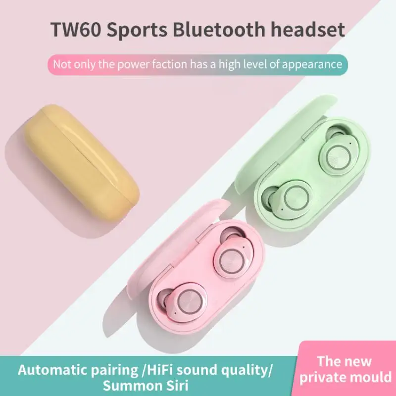 Tws Bluetooth 5 0 Headset Wireless In Ear Tw60 Macaron Sports Headphone Smart Touch Noise Canceling Earphone with Mic Earbuds