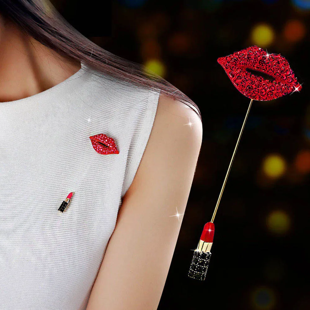 

Fashion Red Crystal Rhinestones Lip Brooch Charms Badge Banquet Scarf Pins For Women Cute Jewelry Clips