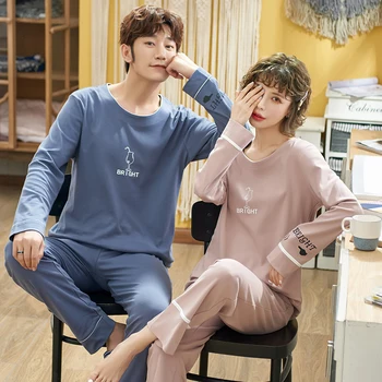

Korean Style Couple Pajamas Long Sleeve Cotton Casual Cartoon Sweet Suit Can Wear Home Clothes Men Spring/Fall Ladies' Pyjamas