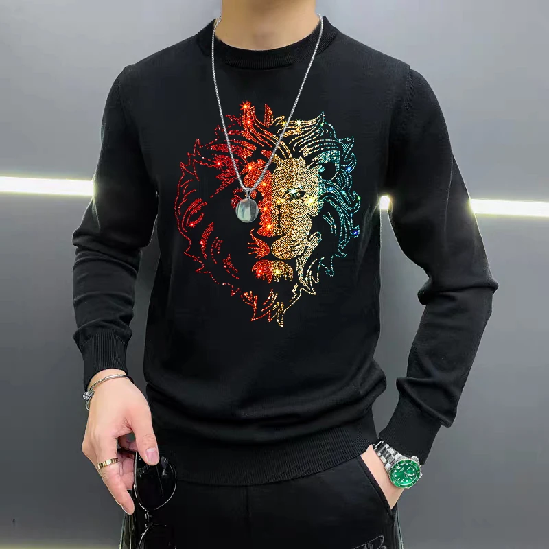 

2024 New Arrival Winter Men's Sweater High Quality Diamond O-Neck Casual Slim Top Lion Color Pattern Oversized Size