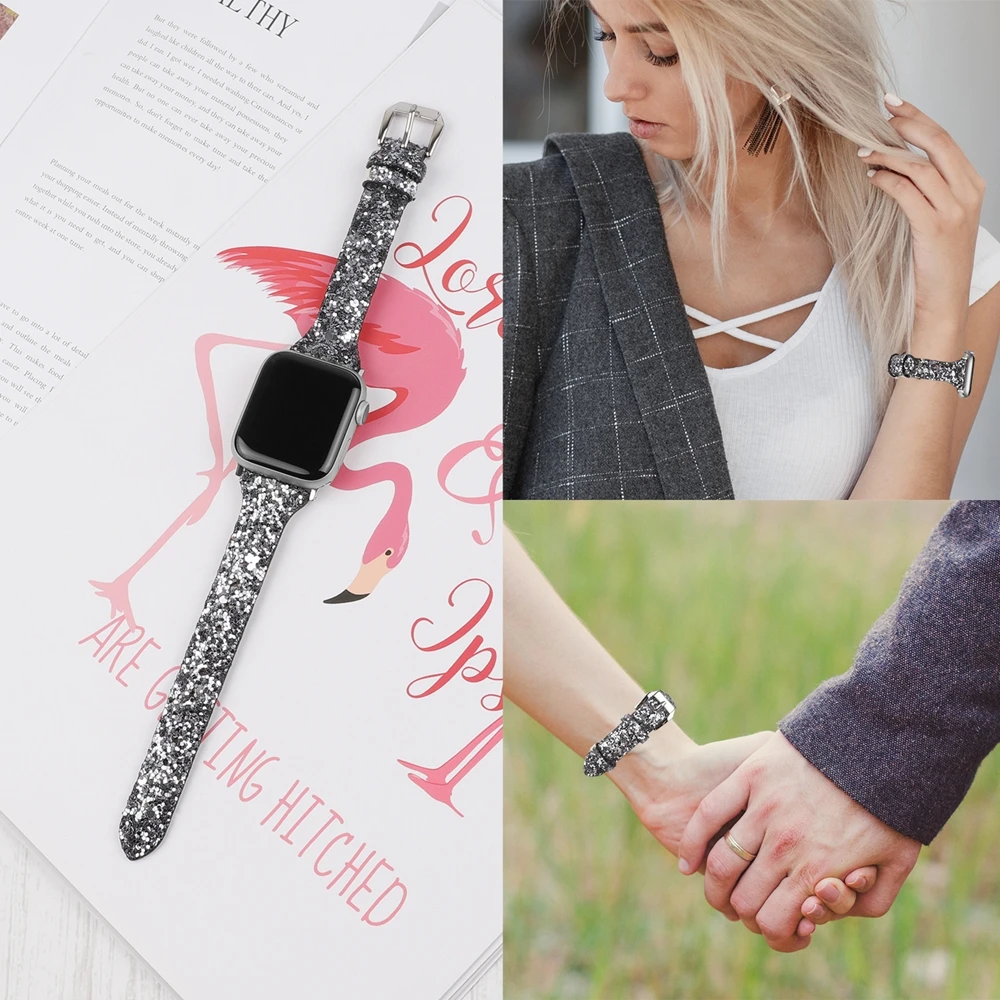 38 мм 40 мм 42-44 мм, ремешок для наручных часов Apple Watch Series 5/4/3/2/1 кожаный Bling наручных часов iwatch, ремешок для наручных часов с блестящими сверкающими стразами, с ремешком