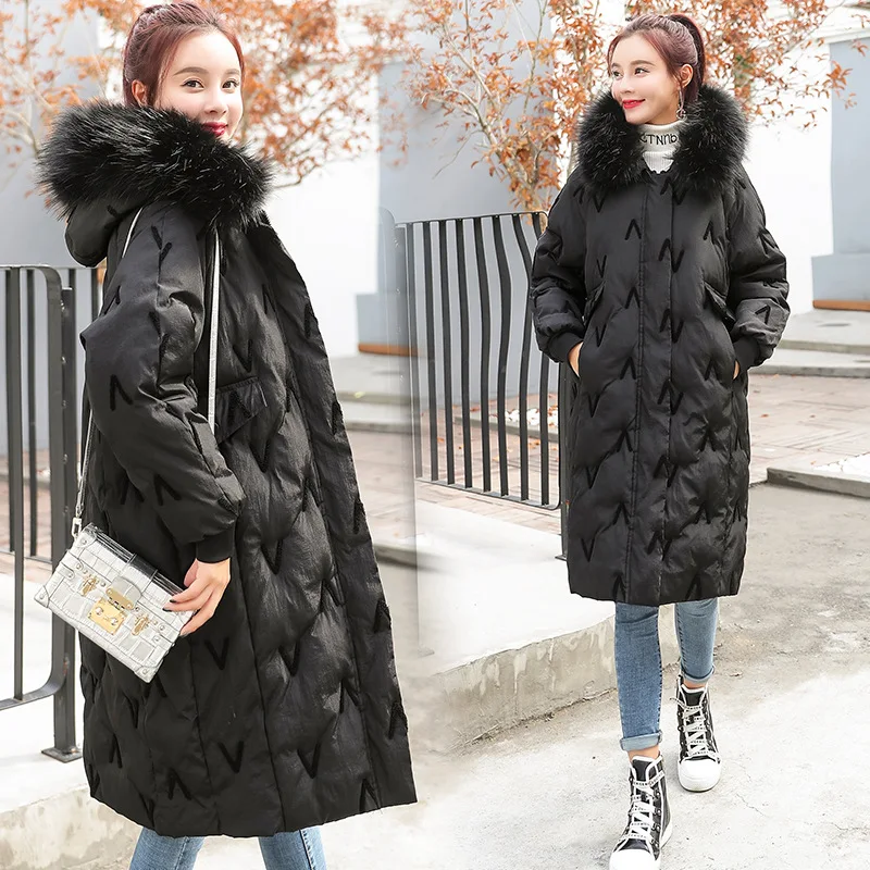 

2018 Winter New Style WOMEN'S Dress Loose And Comfortable Loose-Fit Cotton-padded Clothes Large Fur Collar Mid-length Thick down