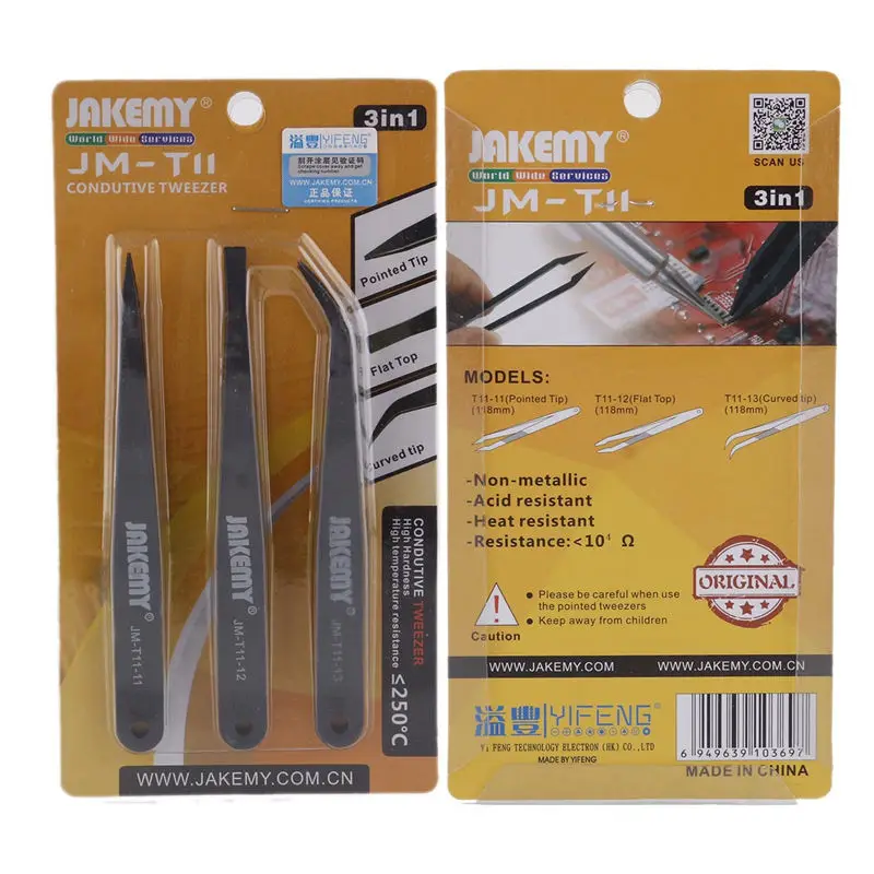 JM-T11 3pcs Anti-static Tweezers Set Triad Fix Repair Tool Kit for iPhone Smartphone Tablets Electronic Components