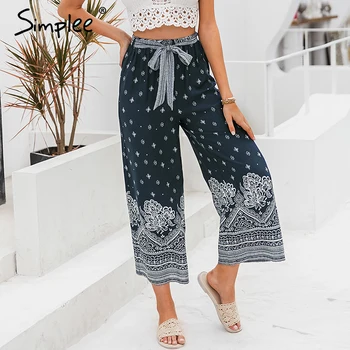

Simplee Boho vintage print long women summer pants Bohemian wide leg loose pants trousers floral holiday beach female pants