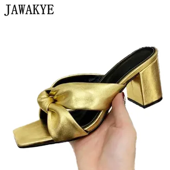 

Gold Silver Knotted Leather Slippers Square Open toe Chunky High heel Mules Ladies Beach party Shoes women's Summer Slippers