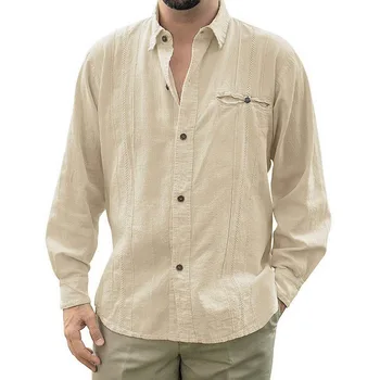 

Mens Loose Fit Cuban Camp Guayabera Linen Long Sleeve Soild Shirts Casual Button Down Beach Breathable Shirts