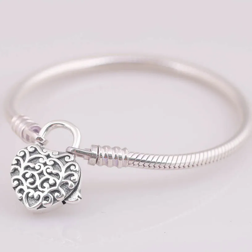 

925 Sterling Silver Bracelet Moments Regal Heart Padlock Clasp Smooth Snake Bracelet Bangle Fit Bead Charm Diy Europe Jewelry