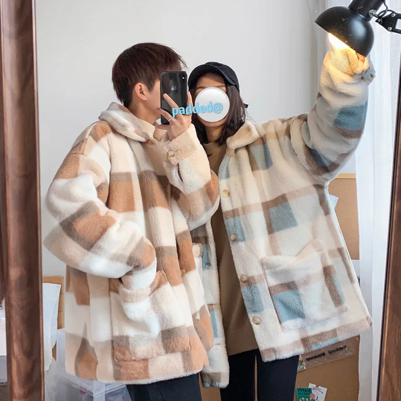 Winter Thick Plaid Coat Men's Warm Parka Men Fashion Casual Couple Coat Street Wild Loose Lapel Cotton Jackets Male Clothes