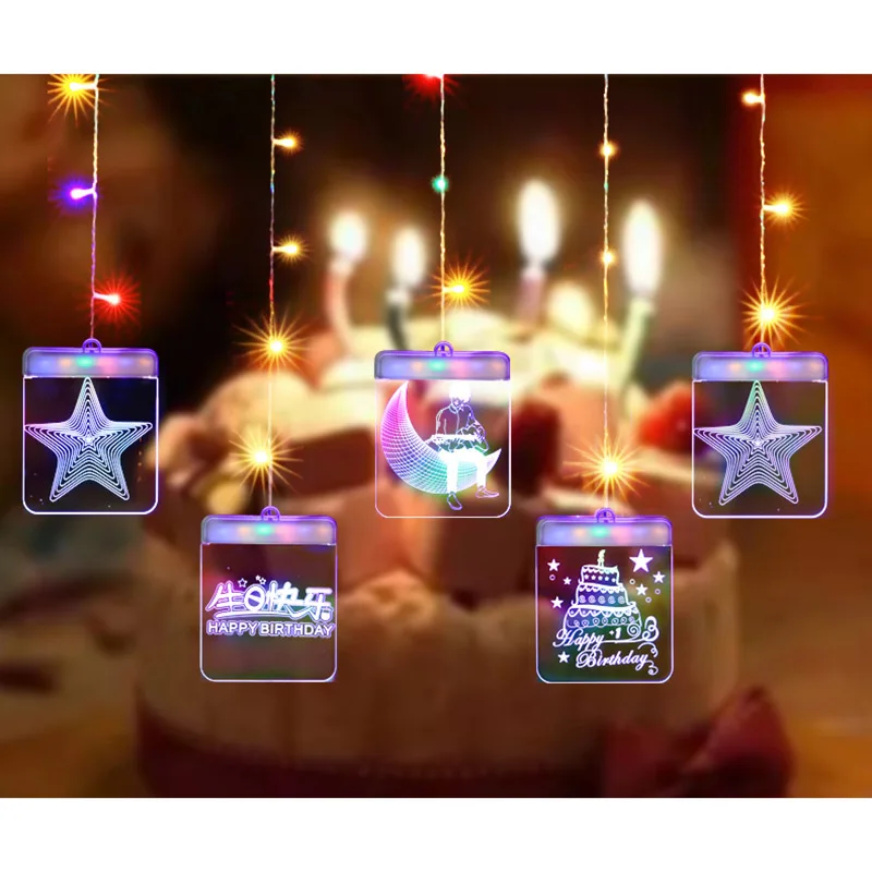 Birthday 2-Colored Рождественская тема светодиодный 3D иллюзия ночные огни Романтический Единорог сосулька занавес Сказочный свет для дня рождения День святого Валентина - Испускаемый цвет: Birthday 2-Colored