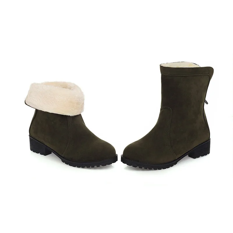 MEMUNIA/ размера плюс 45; зимние ботинки; женская повседневная обувь из флока на низком каблуке с круглым носком и толстым мехом на молнии; женские ботильоны