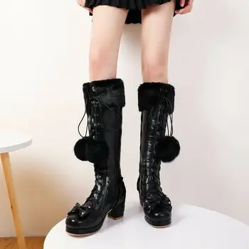 

Women Lolita Pompom Block Low Heel Bowknot Knee High Boots Cosplay