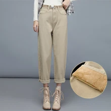 Зимние женские джинсы с высокой талией, утепленные флисовые теплые джинсовые штаны, свободные джинсовые штаны длиной до щиколотки, женские брюки JDD1160