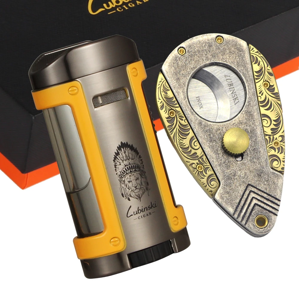 

LUBINSKI High-End Cigar Lighter Cutter Set Metal 4 Torch Flame Cigar Lighter W Holder Top Stanless Steel Cigar Cutter Smoke Tool