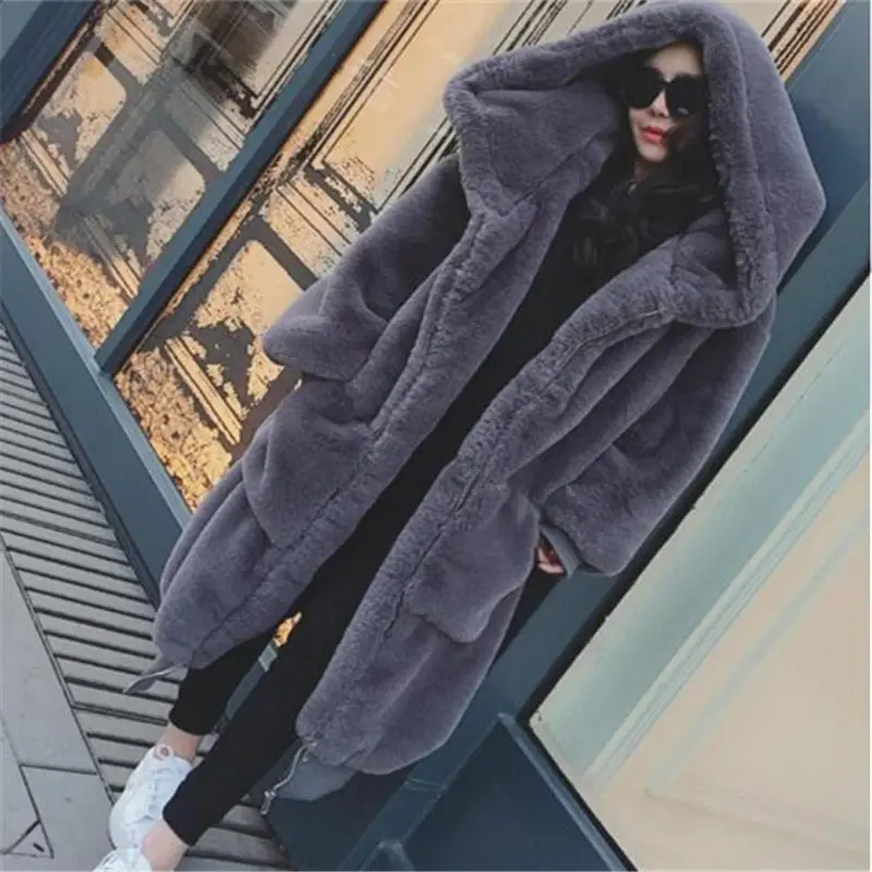 Большие зимние меховые пальто с капюшоном для мужчин и женщин, длинное пальто из искусственного меха, теплая Роскошная верхняя одежда на молнии, повседневные зимние кожаные куртки, Халат