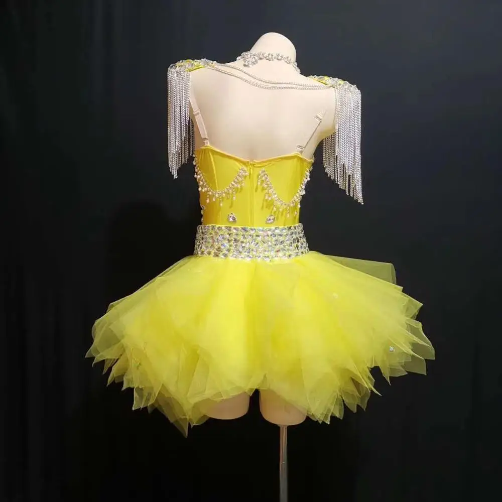 Sexy Tassel Shoulder Badge Rhinestone Bodysuits+Bubble Skirt Women Celebration Occasion Dancer Outfits Club Disco DJ Stage Wear