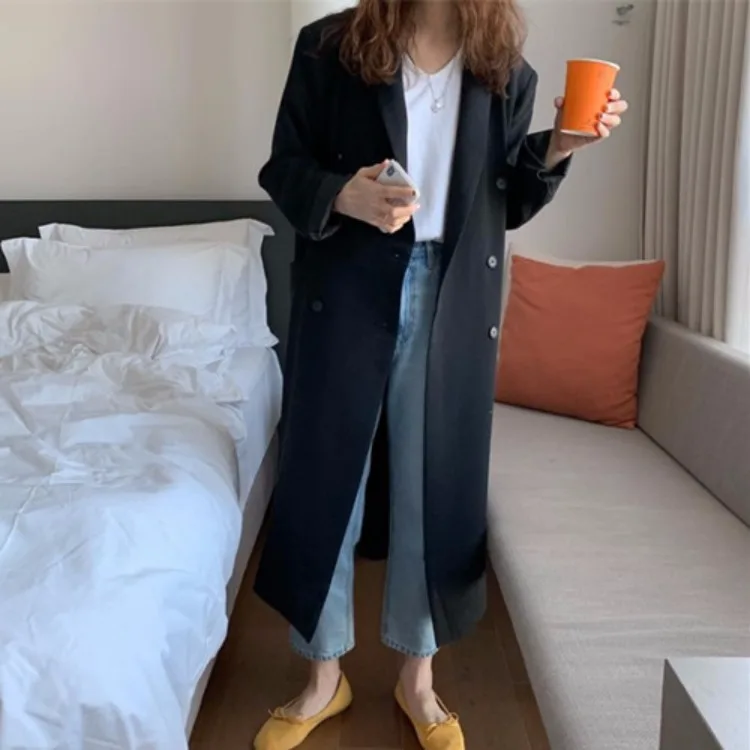 South Korea Retro Laziness Suit Collar Loose-Fit Long over-the-Knee Trench Coat 2-Color