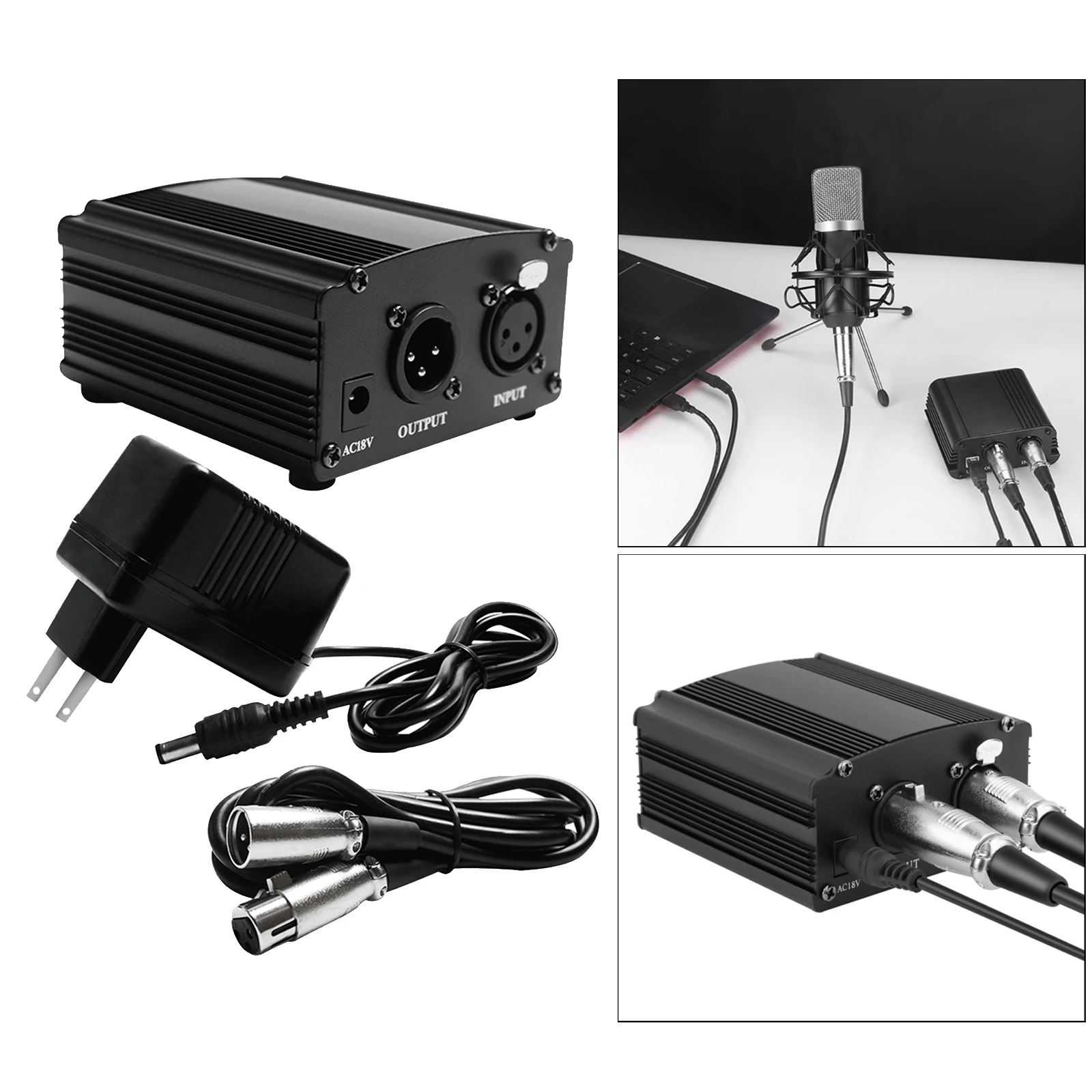 48V Phantom Power Supply Powered+XLR 3 Pin Cable for Condenser Microphone,Music Recording Equipment