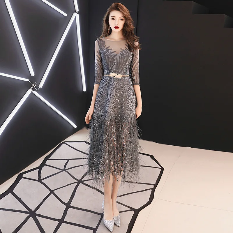 

Gray Women O-Neck Sequin Short Party Dress New Vintage Half Sleeve Evening Prom Mesh Fashion Ball Gown Vestido XS-3XL