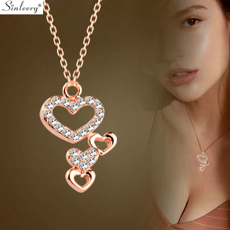 

SINLEERY Romantic Hollow Heart To Heart Pendant Necklace Rose Gold Color Chain Crystal Wedding Necklace Women Jewelry XL214 SSH