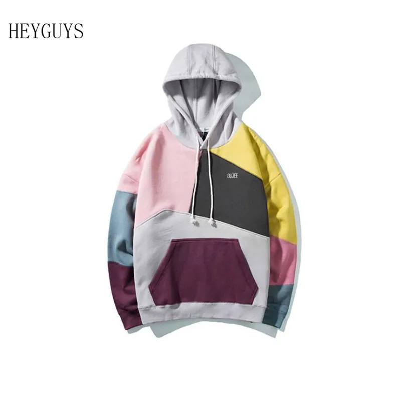 HEYGUYS Color Block Patchwork Fleece Hoodies Mens Winter Hip Hop Fashion Pullover Hooded Sweatshirts Men Hoodie Streetwear