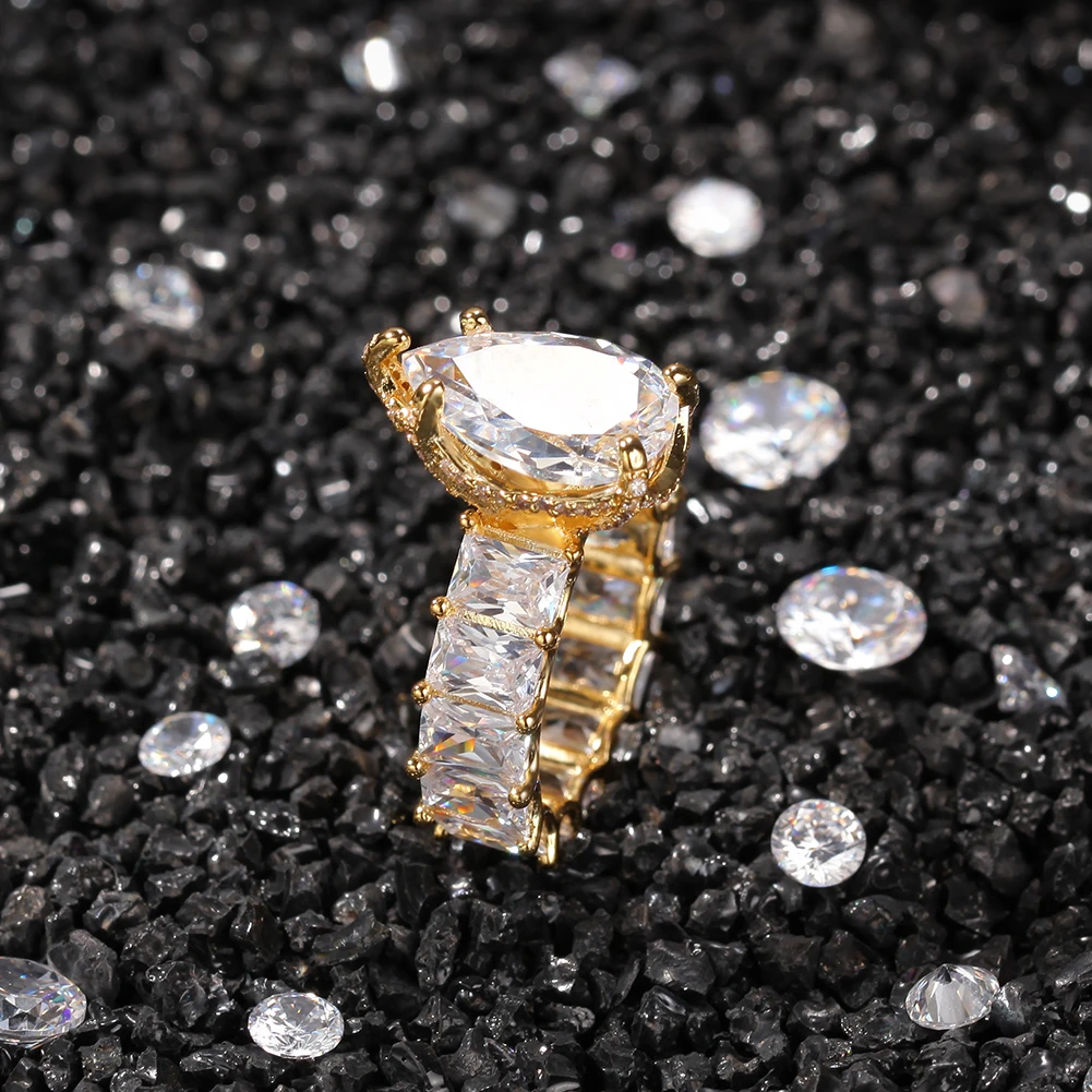 THE BLING KING Water Drip Top Large Iced Out Baguettecz Ring 7mm Square CZ 1 Row Fashion Gift  Hiphop Jewelry