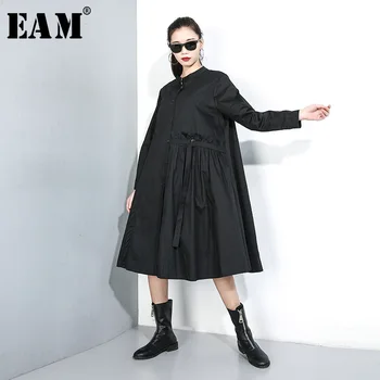 

[EAM] Women Pleated Split Big Size Shirt Dress New Stand Collar Long Sleeve Loose Fit Fashion Tide Spring Autumn 2020 1K44