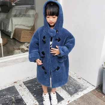 

2019 New Winter Children Clothes Boys Girls Soft Real Sheep Fur Long Coat Kids Thicken Warm Hooded Wool Jacket Outerwear 3-8T