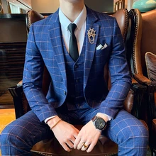 Модный деловой(Блейзер+ Chaleco+ Панталоны) мужской Клетчатый Тонкий Высококачественный джентльменский Повседневный простой костюм в европейском и американском стиле
