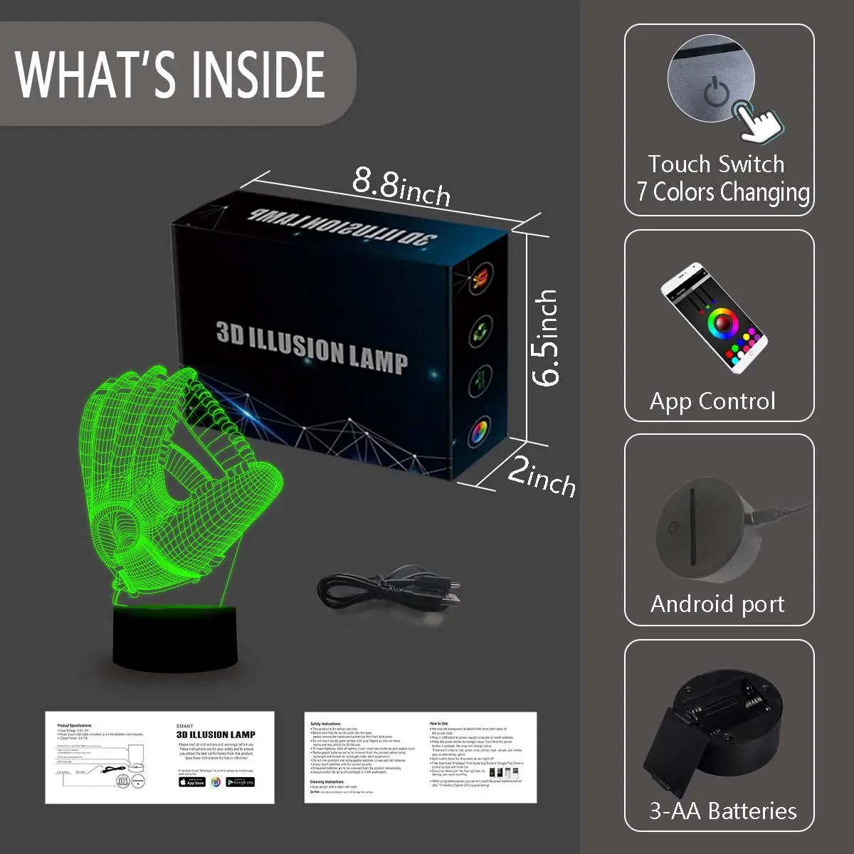 NiteApps 3D бейсбольная перчатка ночник настольная Иллюзия украшение лампа подарок на день рождения приложение/сенсорное управление