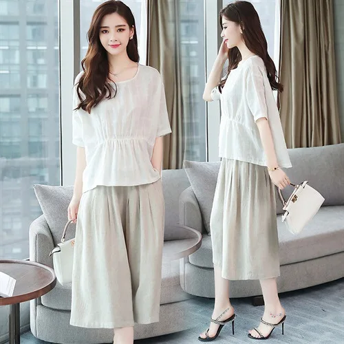 

Two-Piece Set Cotton Linen Dress Women's Summer Mid-length 2019 New Style Fat Mm Belly Covering Slimming Flax Set Skirt